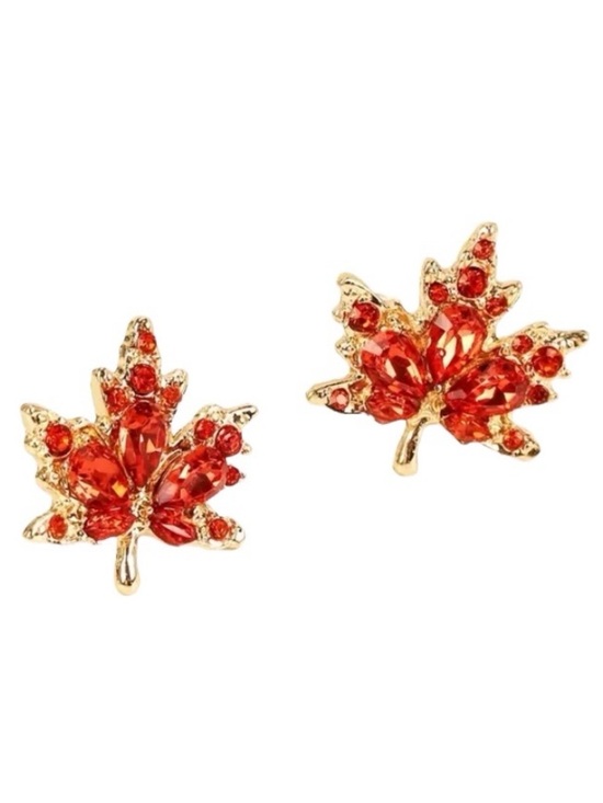Jewelry - Burnt Orange Crystal Maple Leaf Leaves Gold Toned Stud Earrings